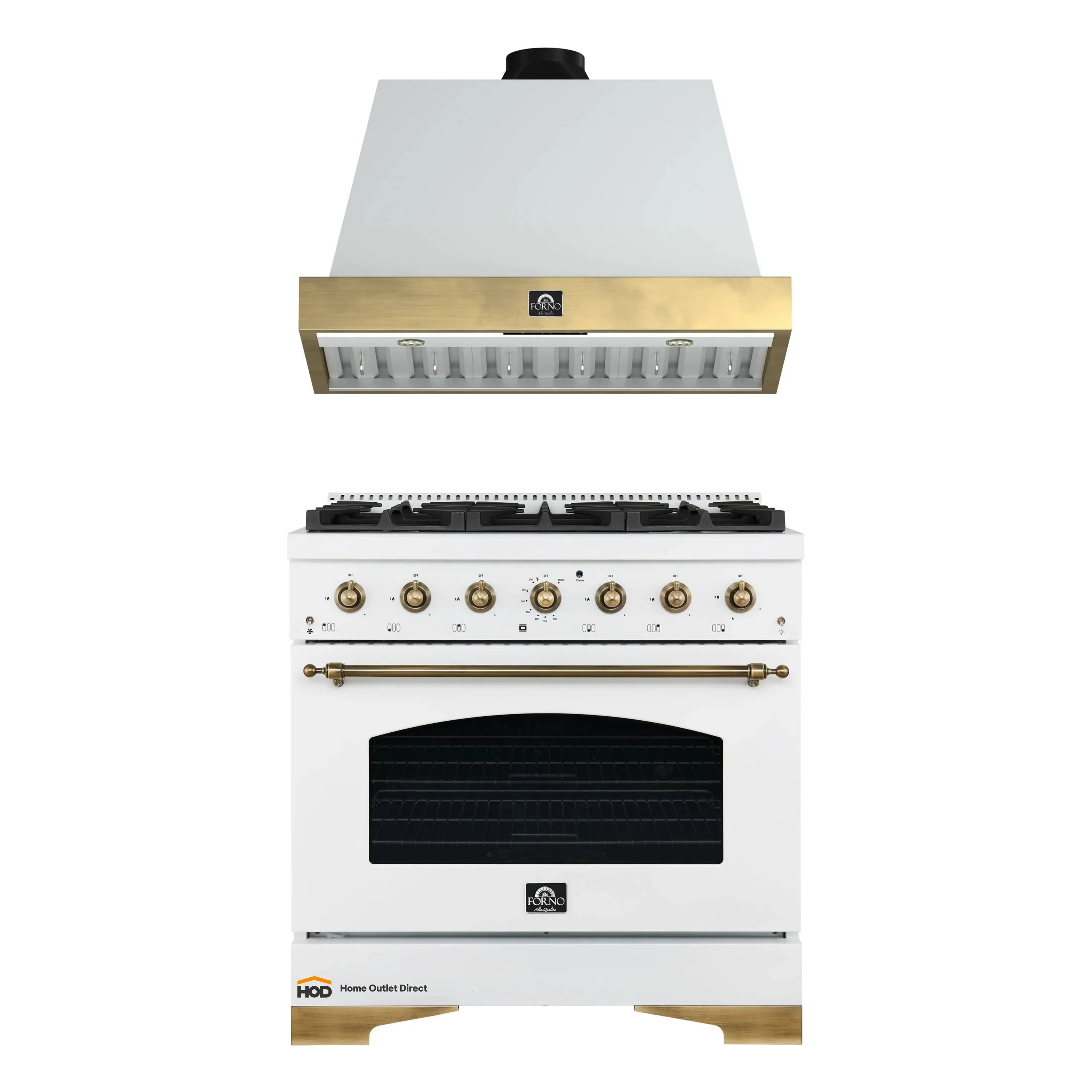 2-piece appliance package: white dual-fuel range with brass knobs and wall hood