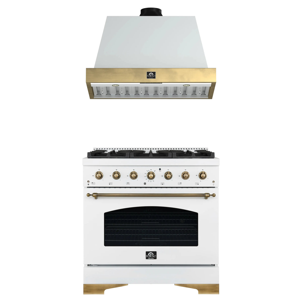 Forno Antico 2-Piece Appliance Package - 36-Inch Dual Fuel Range & 36-Inch Wall Mount Range Hood in White with Antique Brass Trim