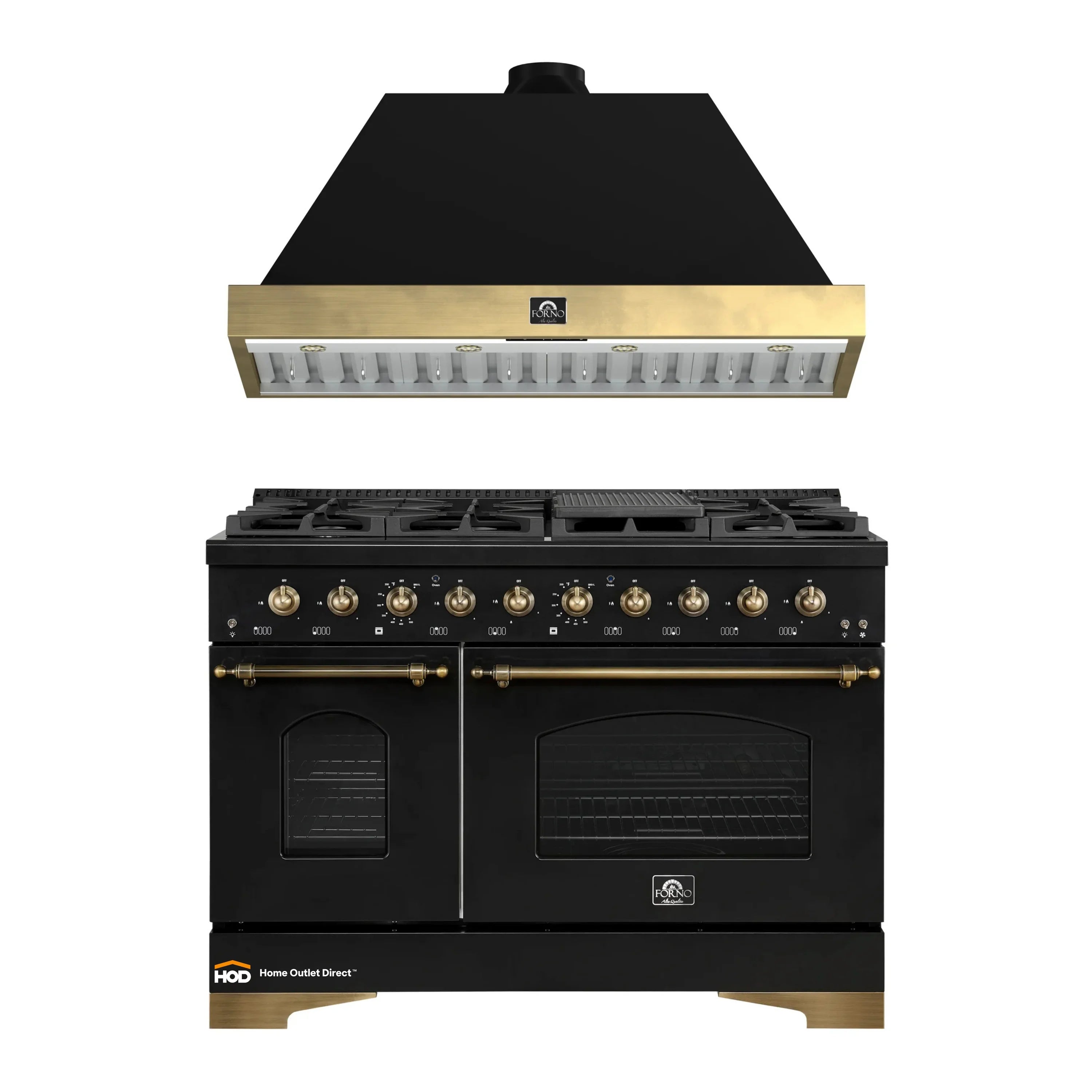 Black dual fuel range with brass control knobs and grates under range hood