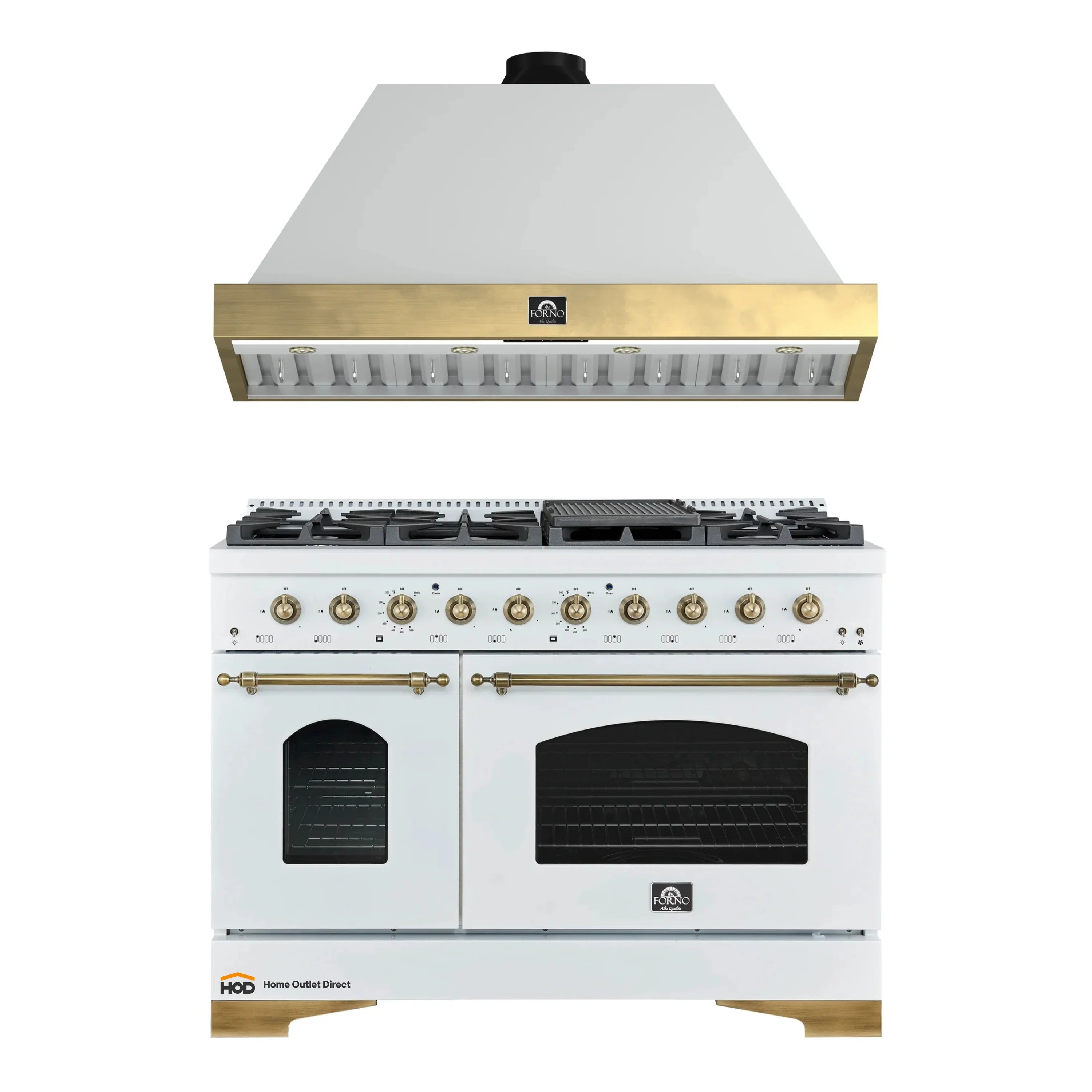 White dual fuel range with brass accents and wall-mounted hood above