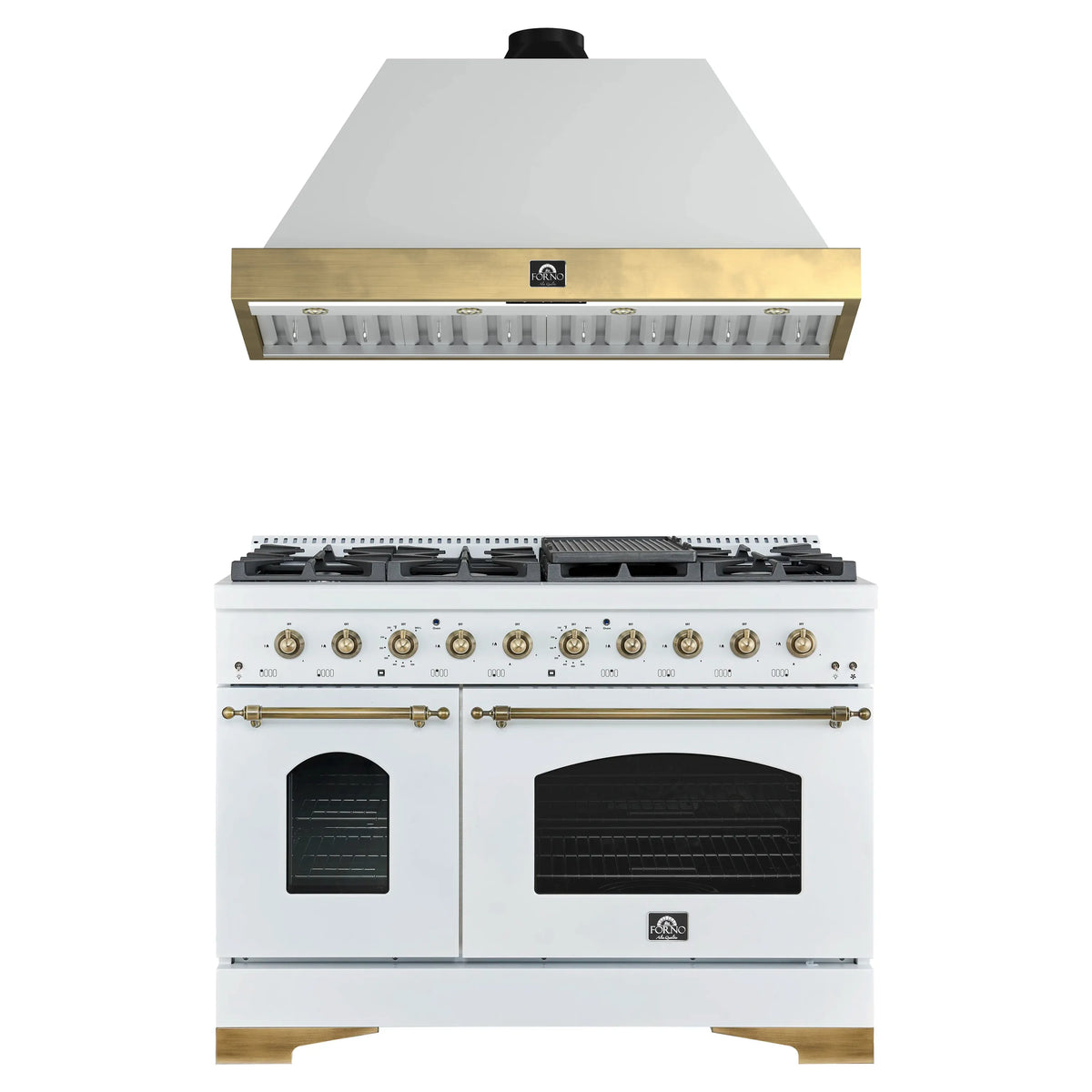 Forno Antico 2-Piece Appliance Package - 48-Inch Dual Fuel Range & 48-Inch Wall Mount Range Hood in White with Antique Brass Trim