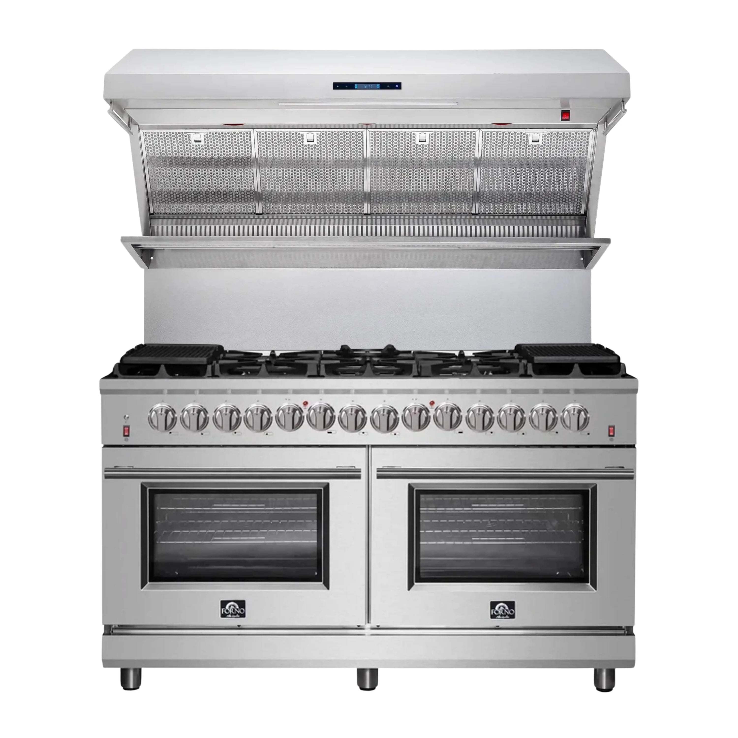 Stainless steel dual fuel range with four-burner cooktop and two oven doors