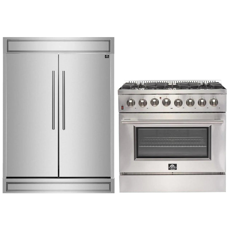 Forno 2-Piece Appliance Package - 36-Inch Dual Fuel Range and 60-Inch Built-In Refrigerator in Stainless Steel