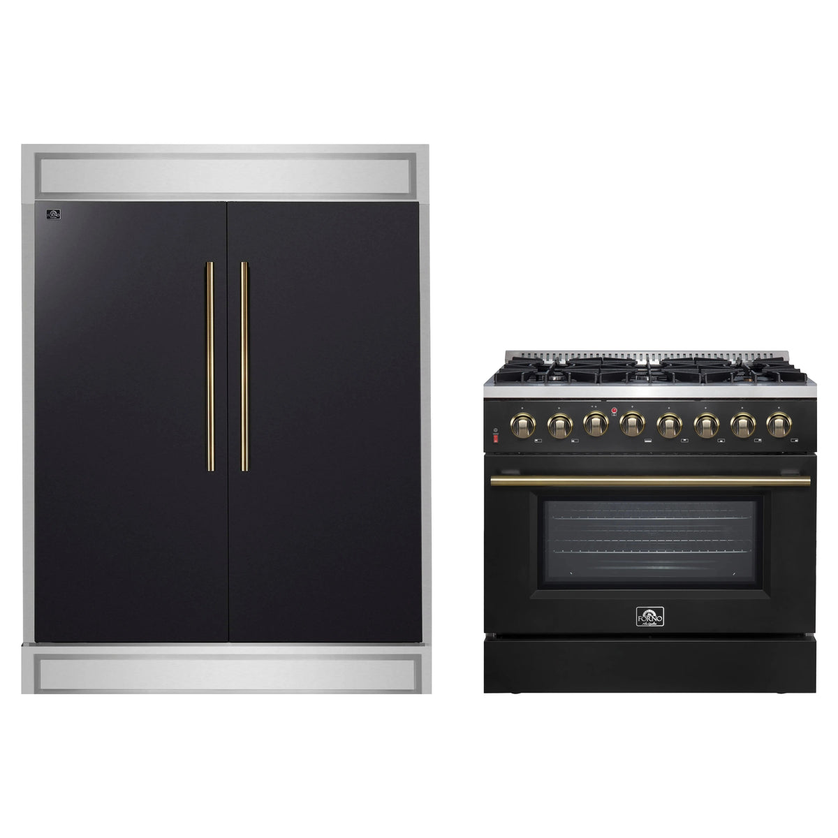 Forno 2-Piece Appliance Package - 36-Inch Dual Fuel Range & 60-Inch Refrigerator in Black with Antique Brass Trim