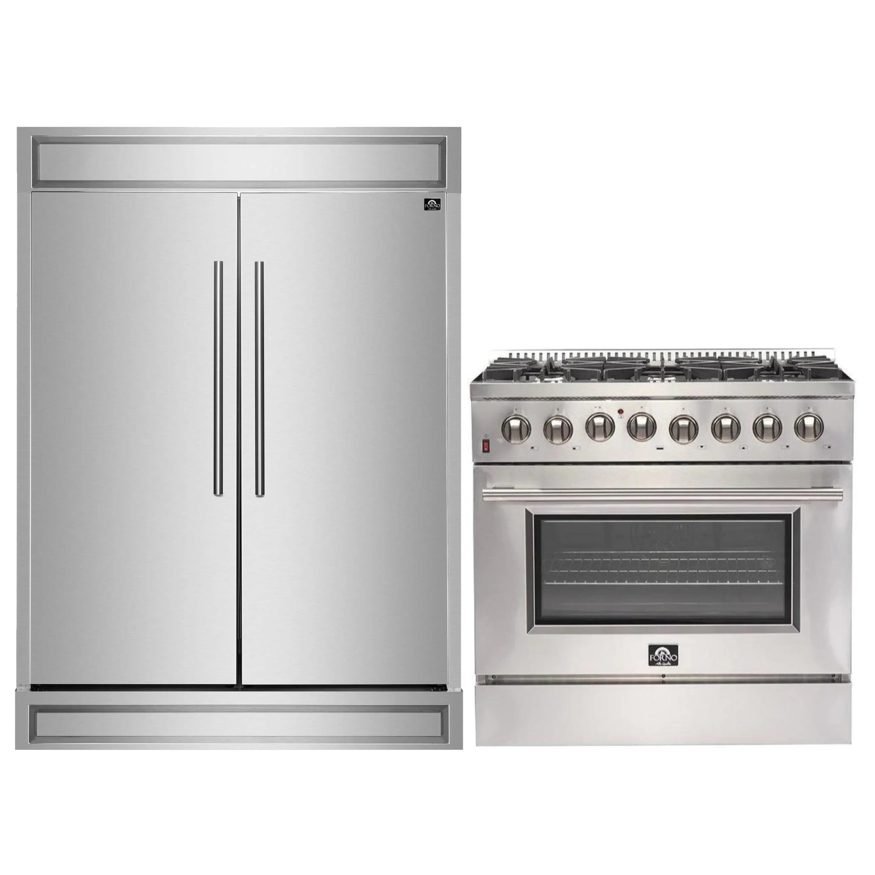 Stainless steel refrigerator beside a dual-fuel style range with control knobs