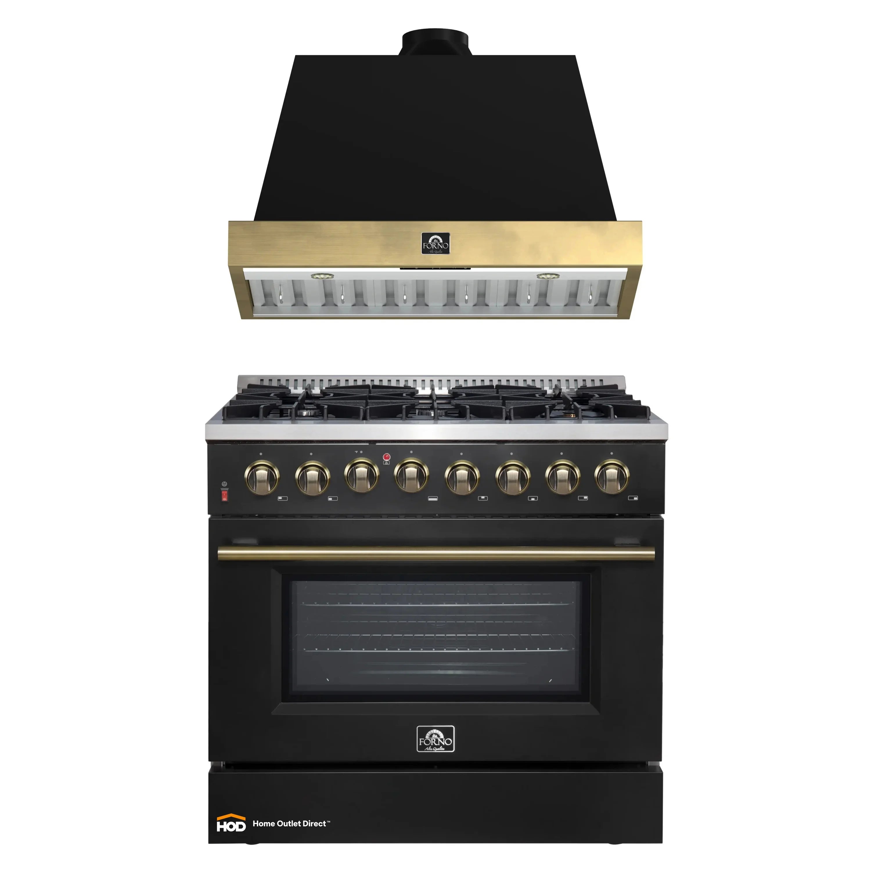 Black dual-fuel range with brass control knobs and handle, paired with wall hood