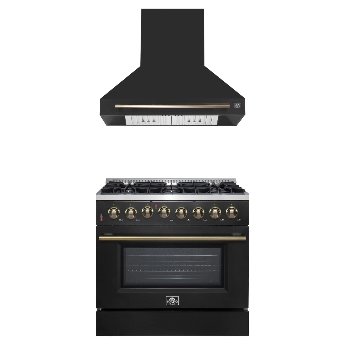 Forno Galiano 2-Piece Appliance Package - 36-Inch Dual Fuel Range & 36-Inch Wall Mount Range Hood in Black with Antique Brass Trim