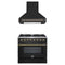 Forno Galiano 2-Piece Appliance Package - 36-Inch Dual Fuel Range & 36-Inch Wall Mount Range Hood in Black with Antique Brass Trim