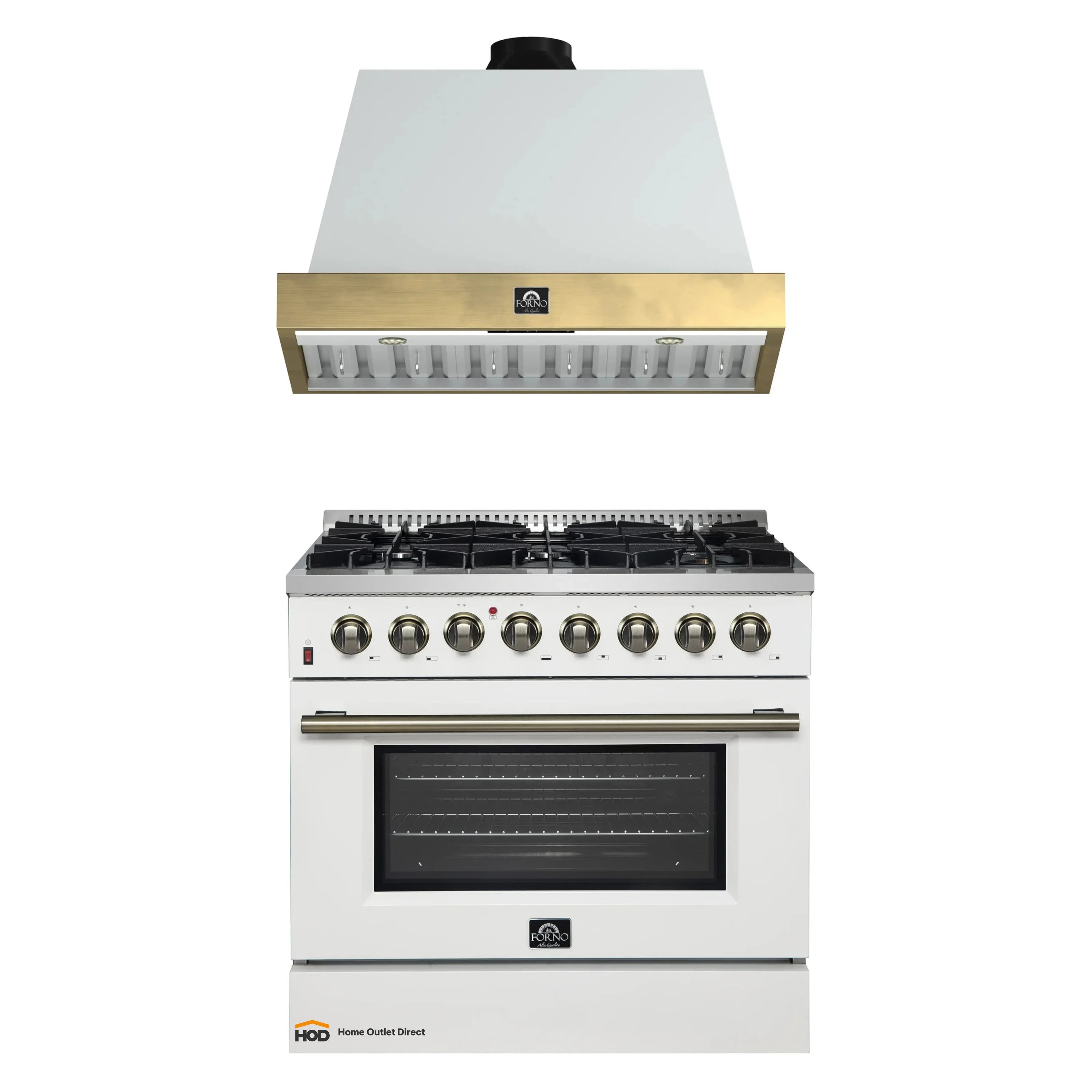 White dual-fuel range with control knobs and oven door under matching hood