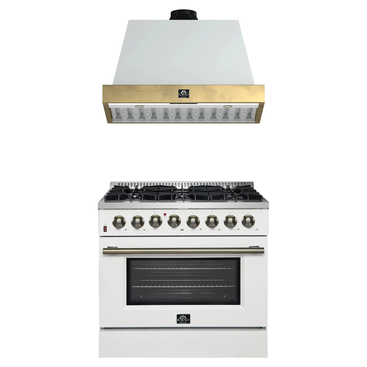 Forno Galiano 2-Piece Appliance Package - 36-Inch Dual Fuel Range & 36-Inch Wall Mount Range Hood in White with Antique Brass Trim