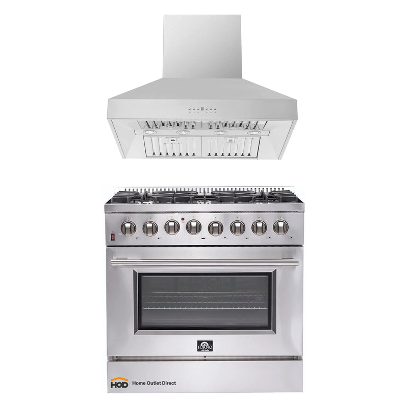 Forno 2-Piece Appliance Package - 36-Inch Dual Fuel Range & Wall Mount Hood in Stainless Steel