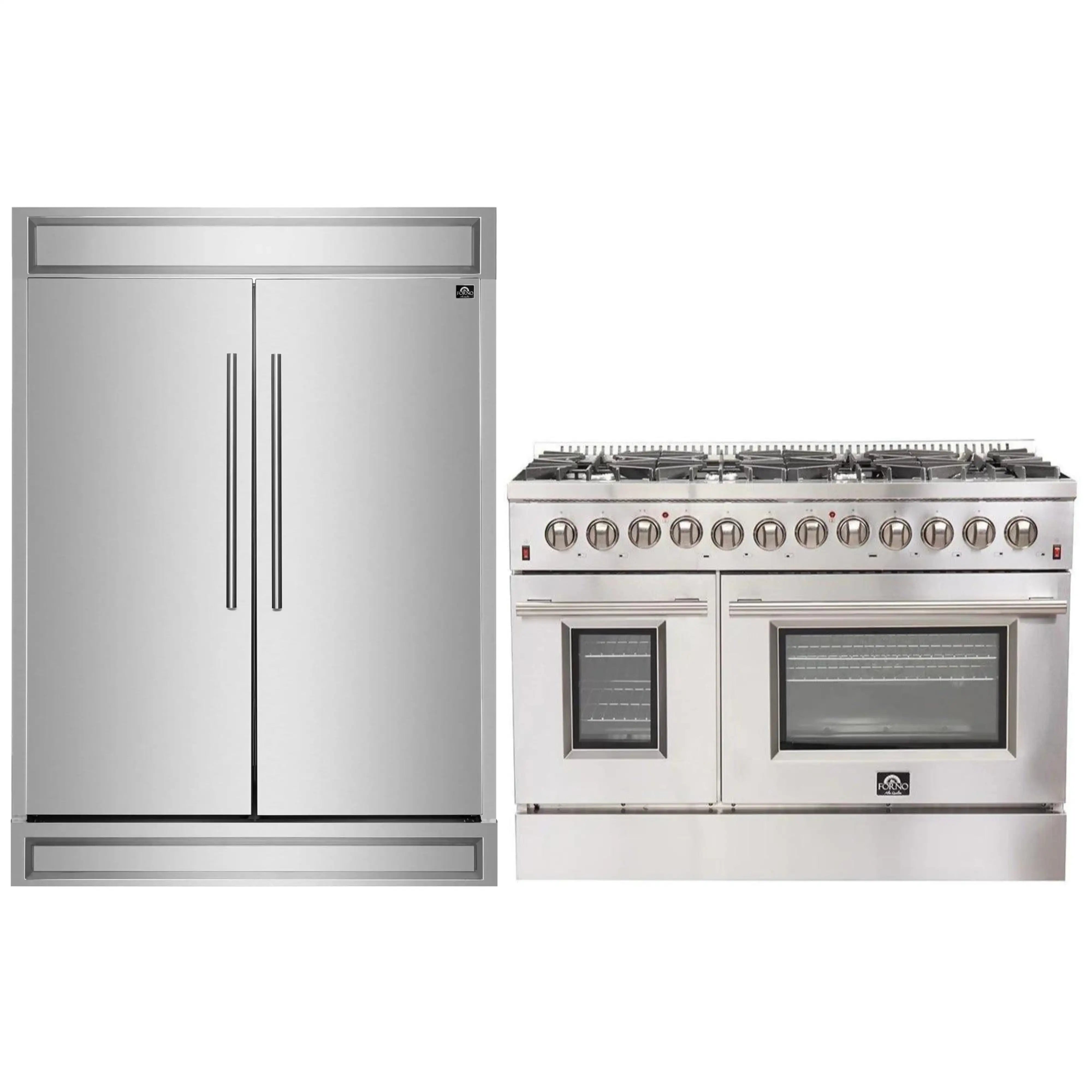 Stainless steel built-in refrigerator paired with a dual fuel range in white