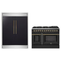 Forno 2-Piece Appliance Package - 48-Inch Dual Fuel Range & 60-Inch Refrigerator in Black with Antique Brass Trim