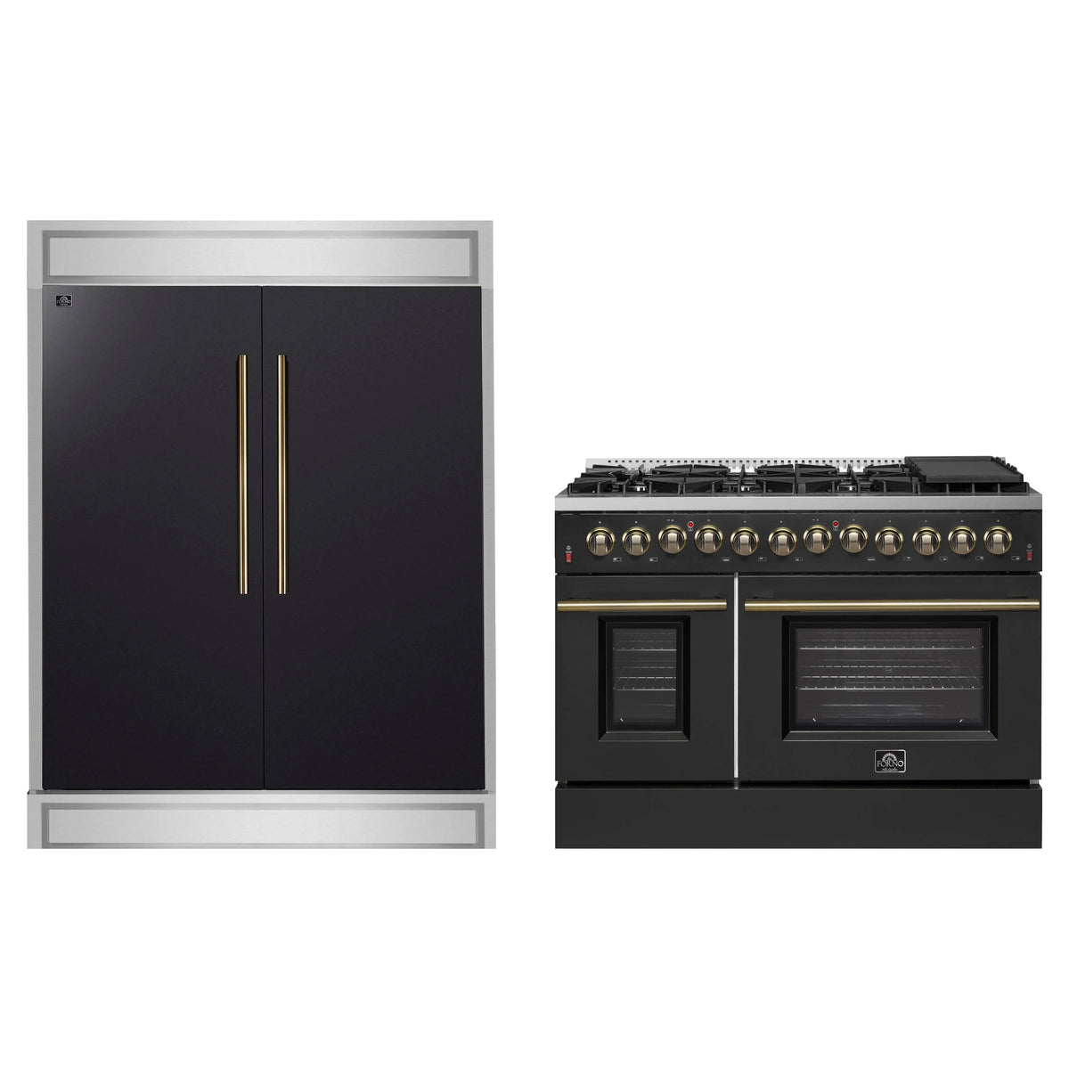 Forno 2-Piece Appliance Package - 48-Inch Dual Fuel Range & 60-Inch Refrigerator in Black with Antique Brass Trim