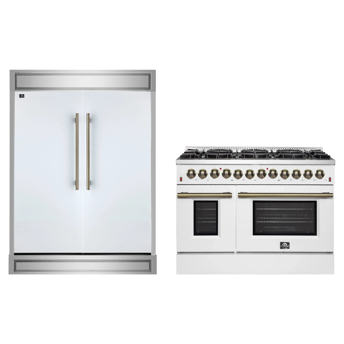 Forno 2-Piece Appliance Package - 48-Inch Dual Fuel Range & 60-Inch Refrigerator in White with Antique Brass Trim