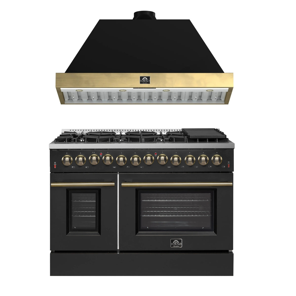 Forno Galiano 2-Piece Appliance Package - 48-Inch Dual Fuel Range & 48-Inch Wall Mount Range Hood in Black with Antique Brass Trim