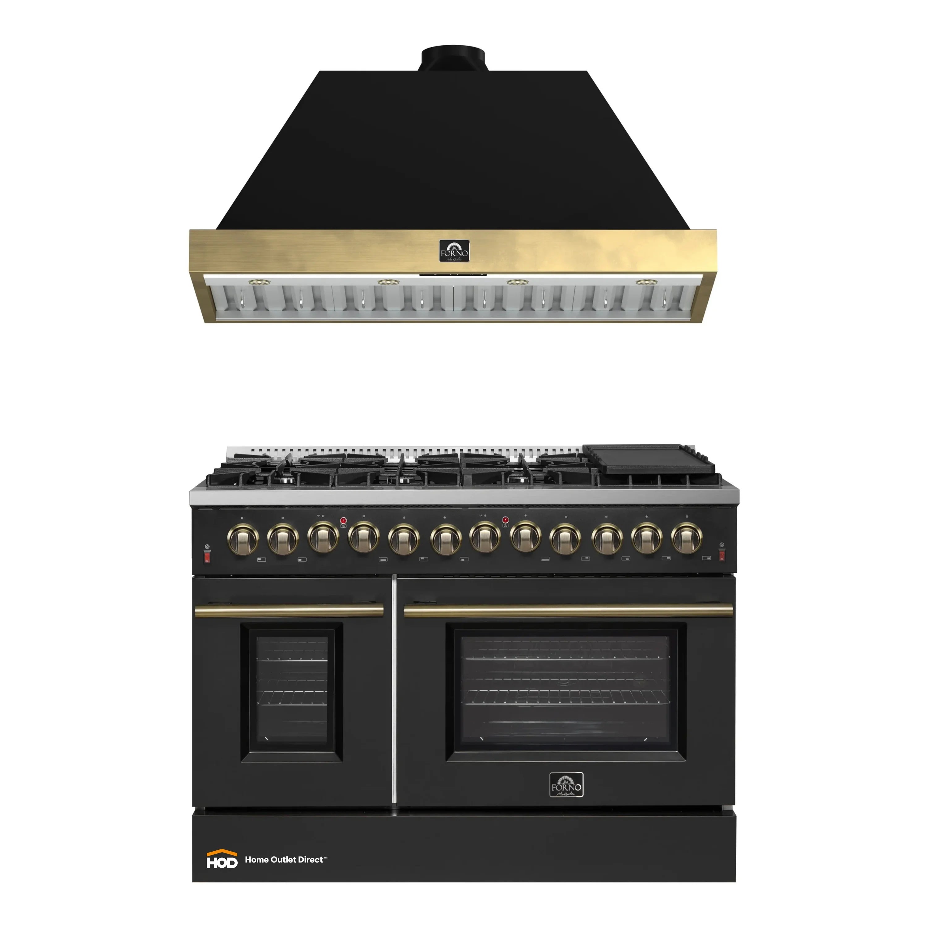 Dual fuel range and wall hood set in black with antique brass trim and knobs