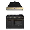 Forno Galiano 2-Piece Appliance Package - 48-Inch Dual Fuel Range & 48-Inch Wall Mount Range Hood in Black with Antique Brass Trim