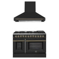 Forno Galiano 2-Piece Appliance Package - 48-Inch Dual Fuel Range & 48-Inch Wall Mount Range Hood in Black with Antique Brass Trim