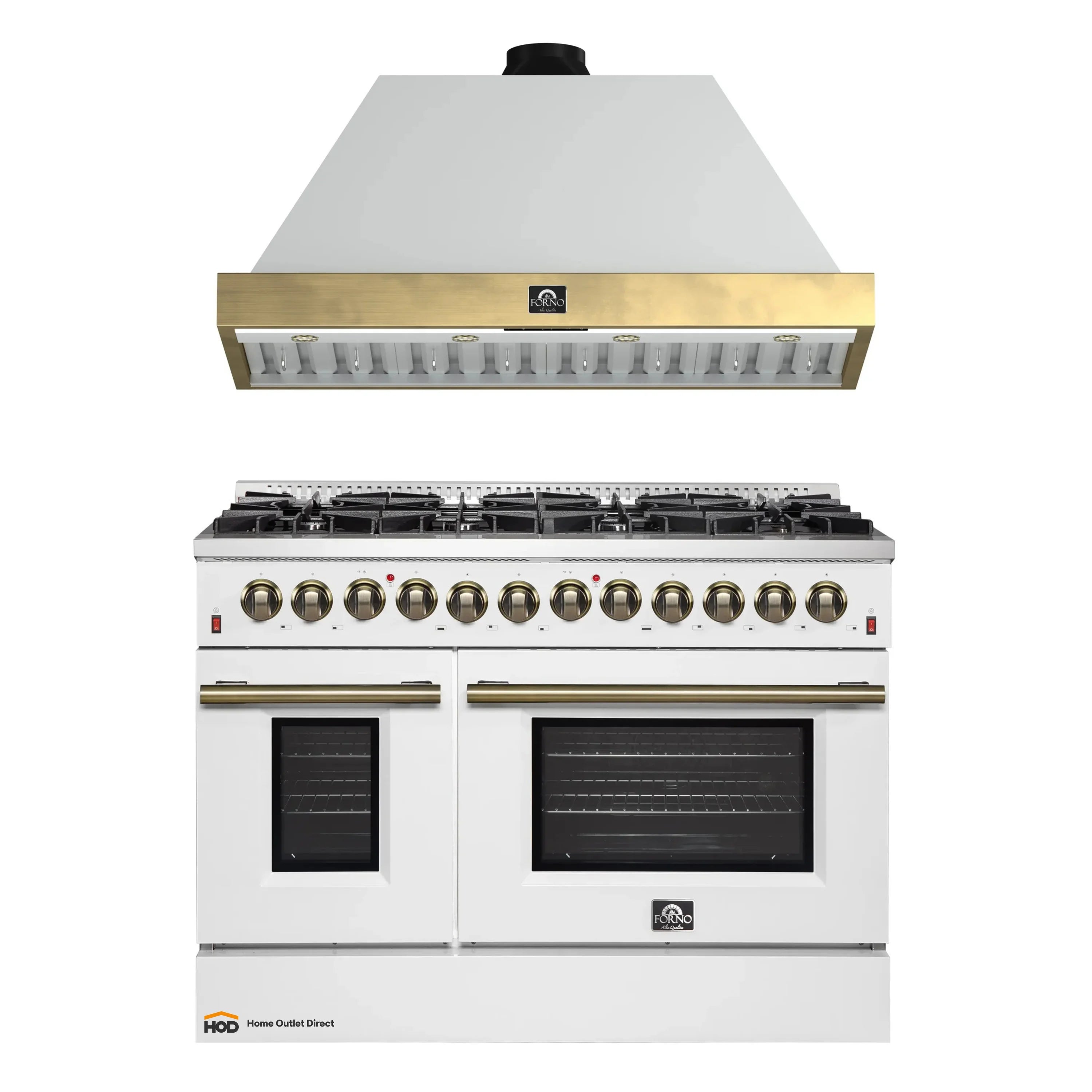 Dual-fuel range and white wall hood with antique brass control knobs and trim