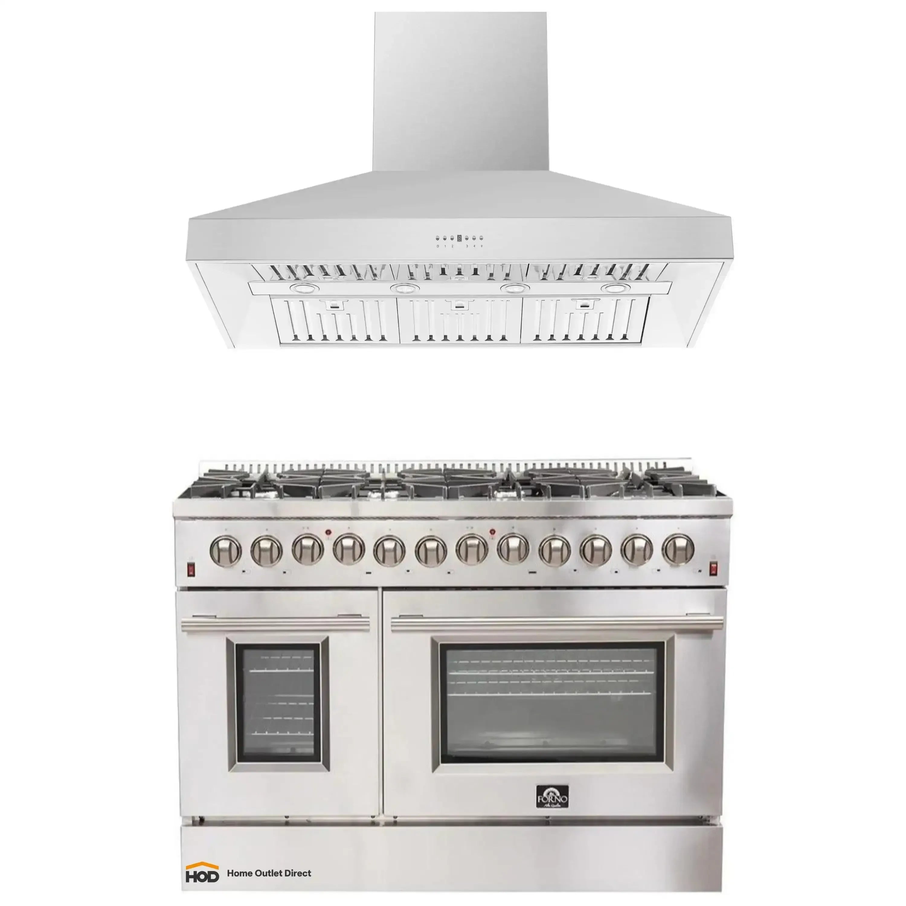 Stainless steel dual fuel range with wall mount hood appliance package