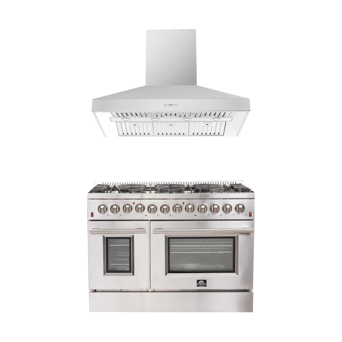 Forno 2-Piece Appliance Package - 48-Inch Dual Fuel Range & Wall Mount Hood in Stainless Steel