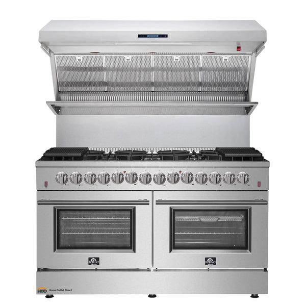 Forno 2-Piece Appliance Package - 60-Inch Dual Fuel Range and Wall Mount Range Hood in Stainless Steel