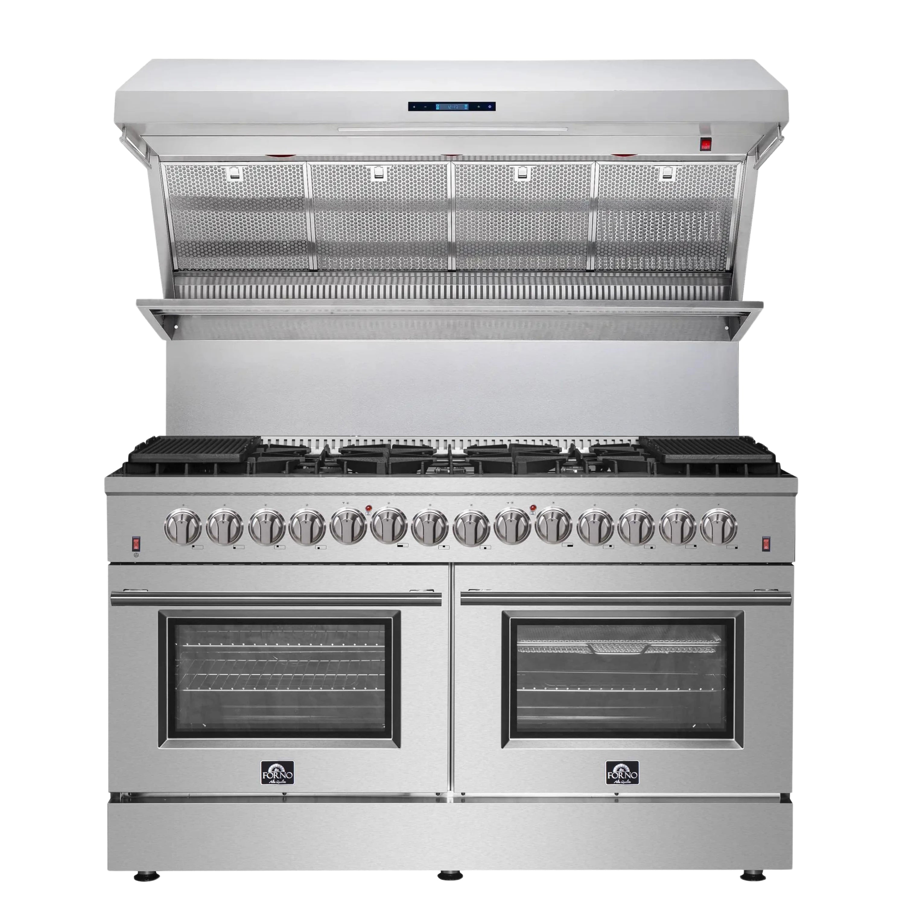 Stainless steel dual fuel range with burner row and two glass-front ovens