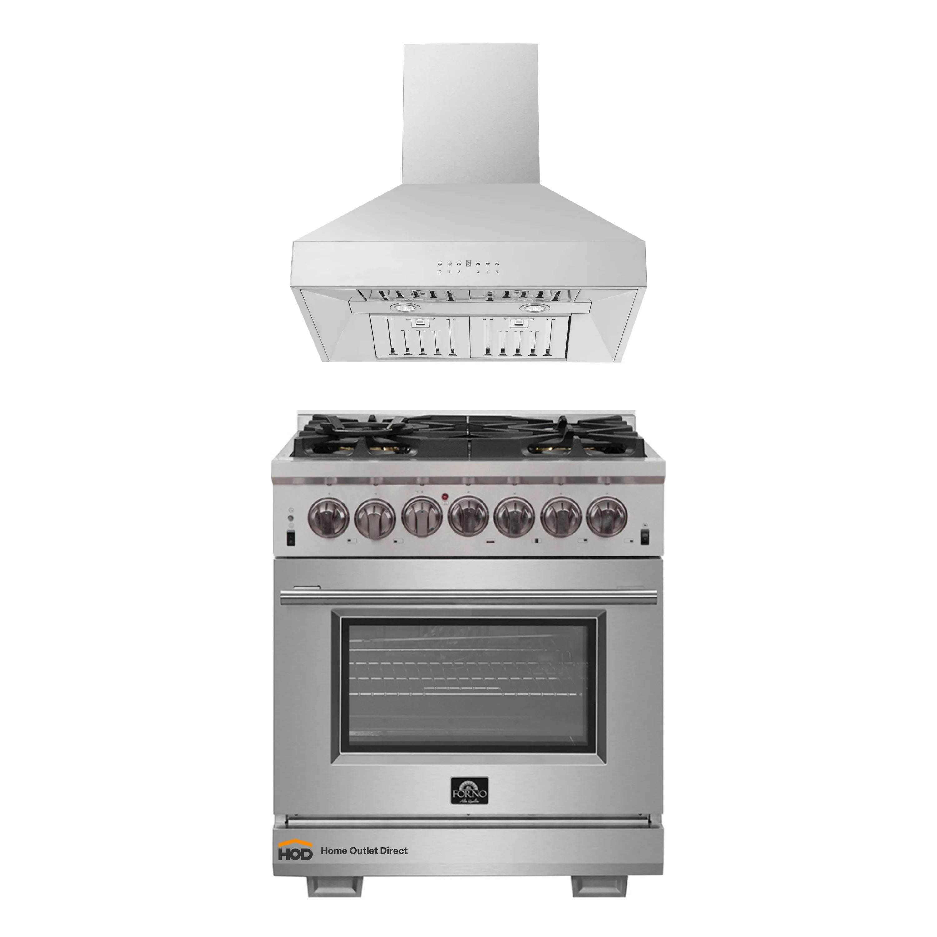 Wall mount hood above stainless steel dual fuel range with front burner controls