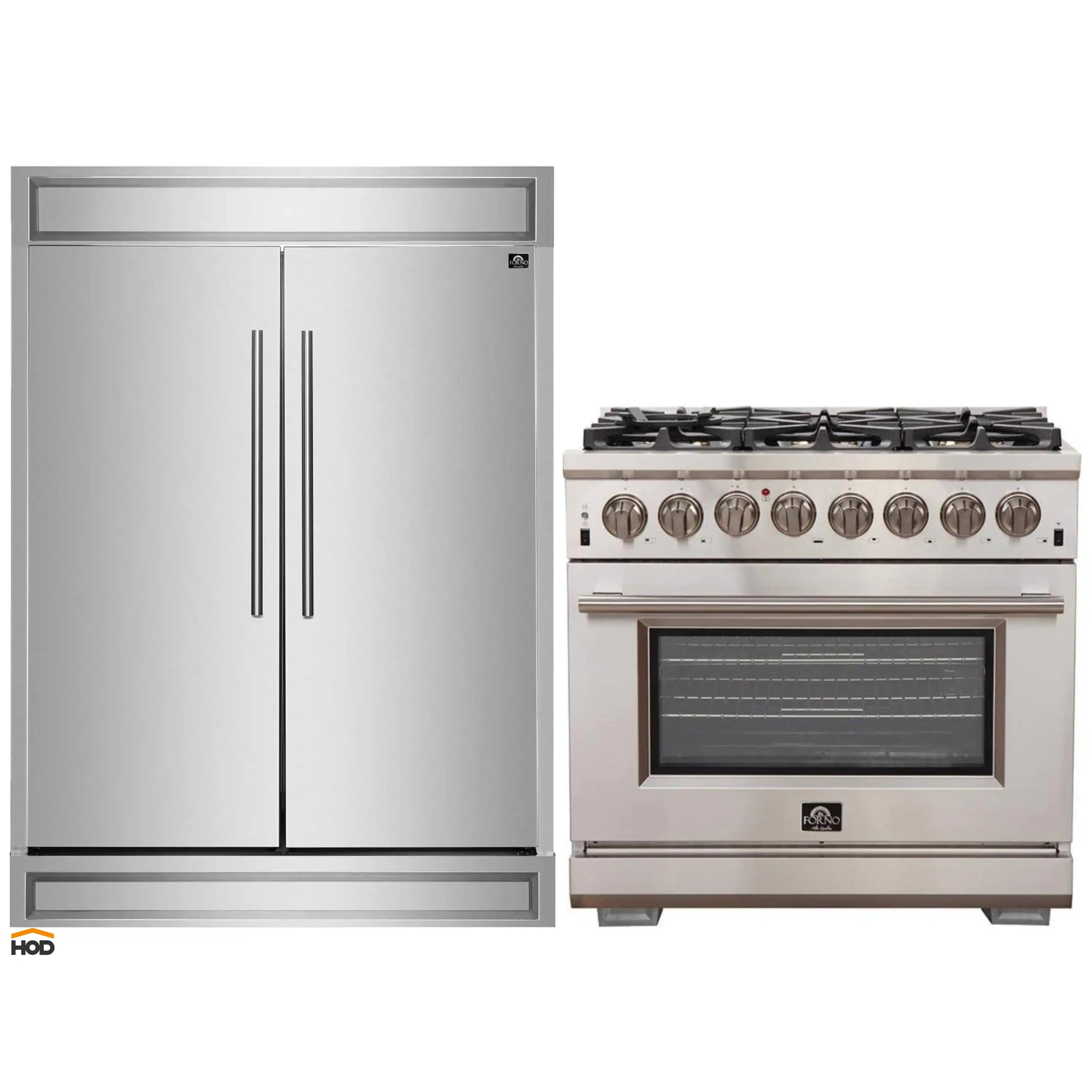 Stainless steel built-in refrigerator and dual fuel range oven, side-by-side