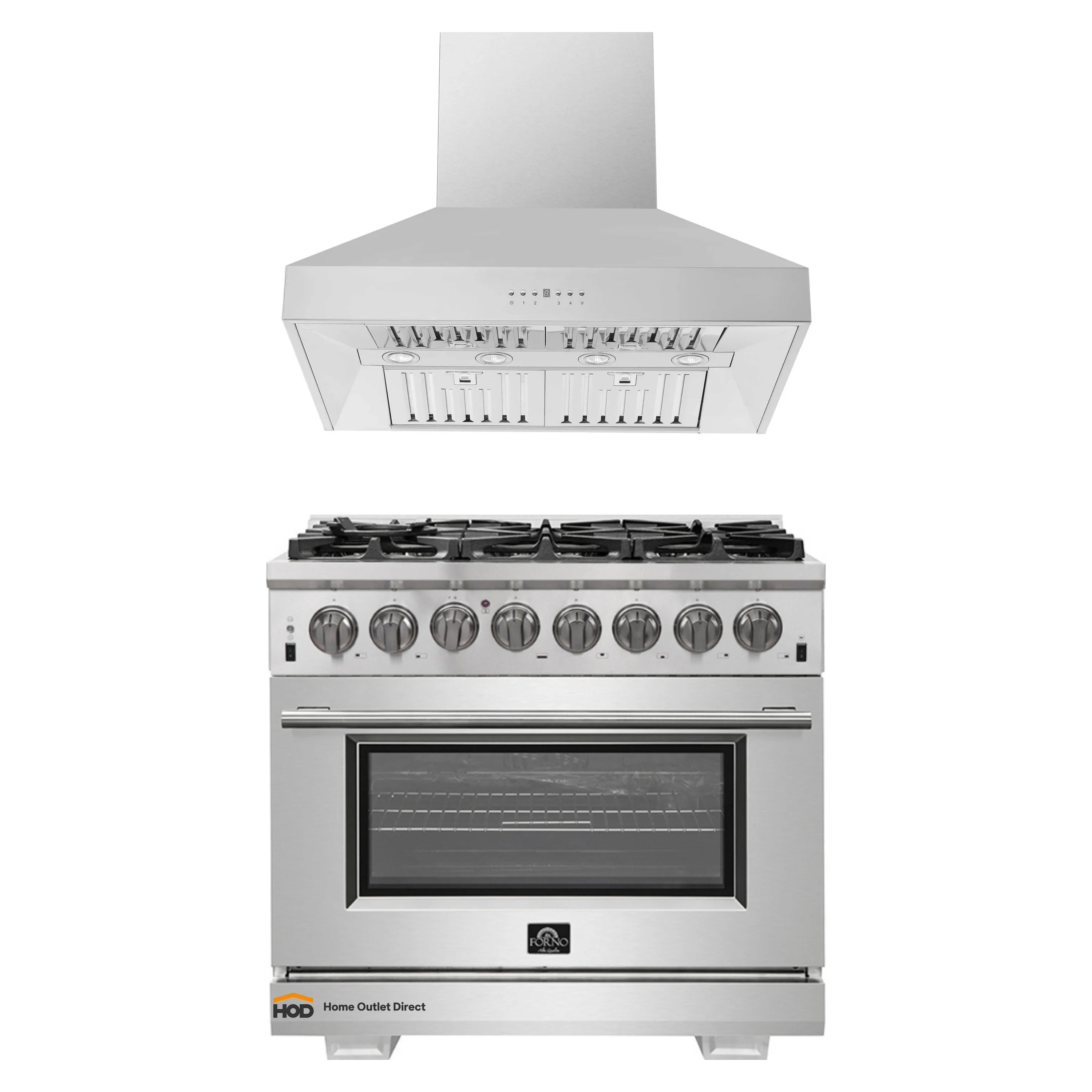 Stainless steel dual fuel range with wall-mount hood above, front view
