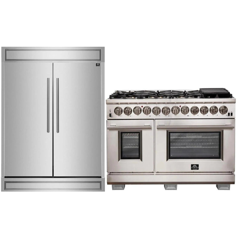 Forno 2-Piece Appliance Package - 48-Inch Dual Fuel Range and 60-Inch Built-In Refrigerator in Stainless Steel