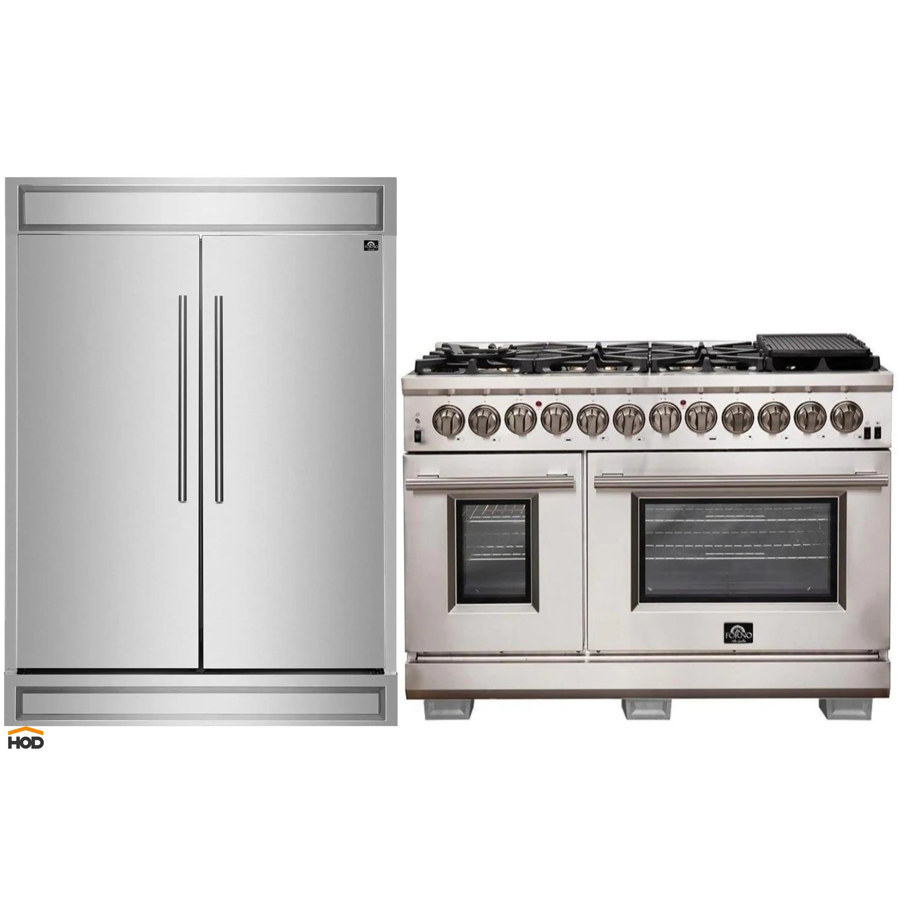 Stainless dual fuel range and built-in refrigerator side-by-side, front view