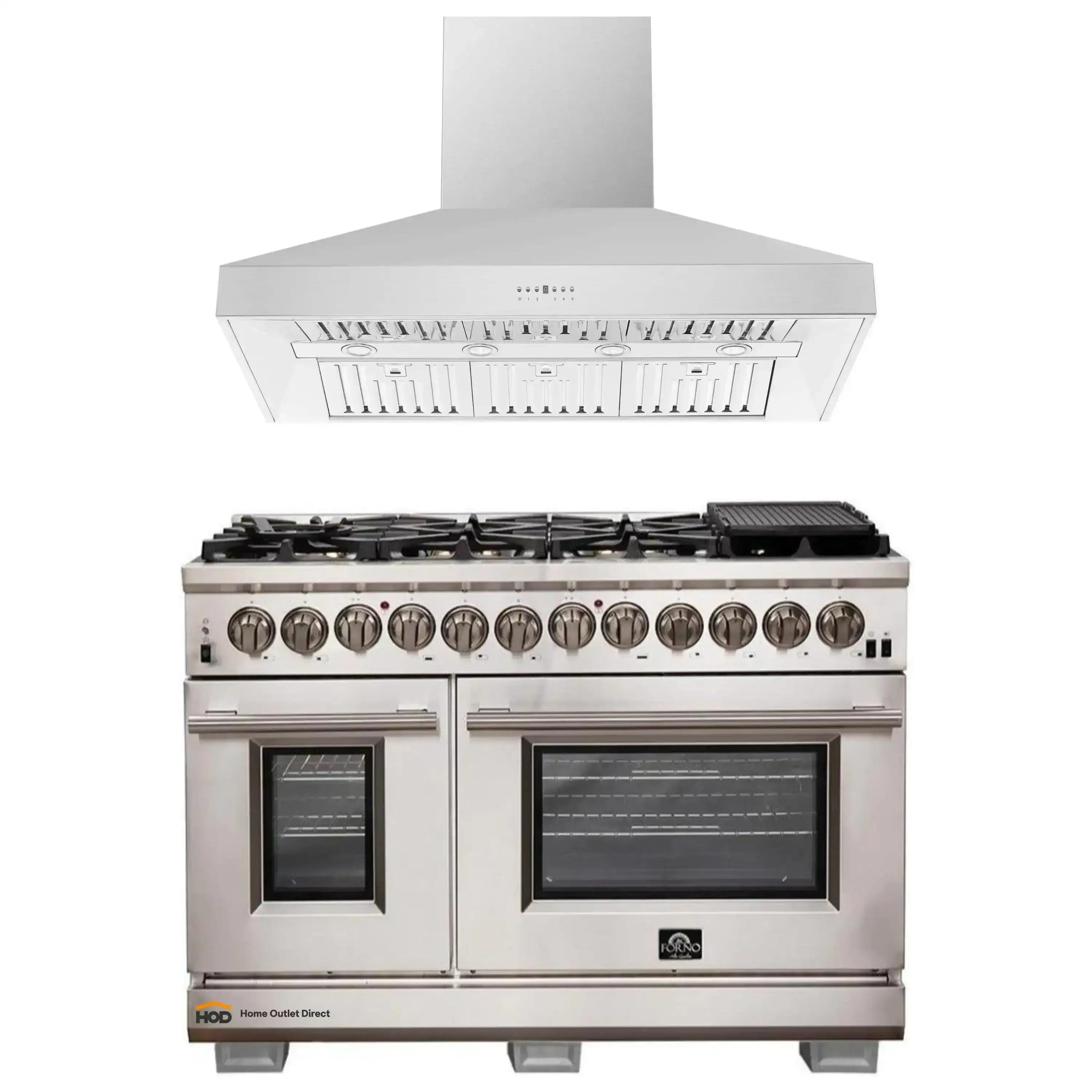 Stainless steel dual fuel range with two ovens and wall-mount hood, black cooktops