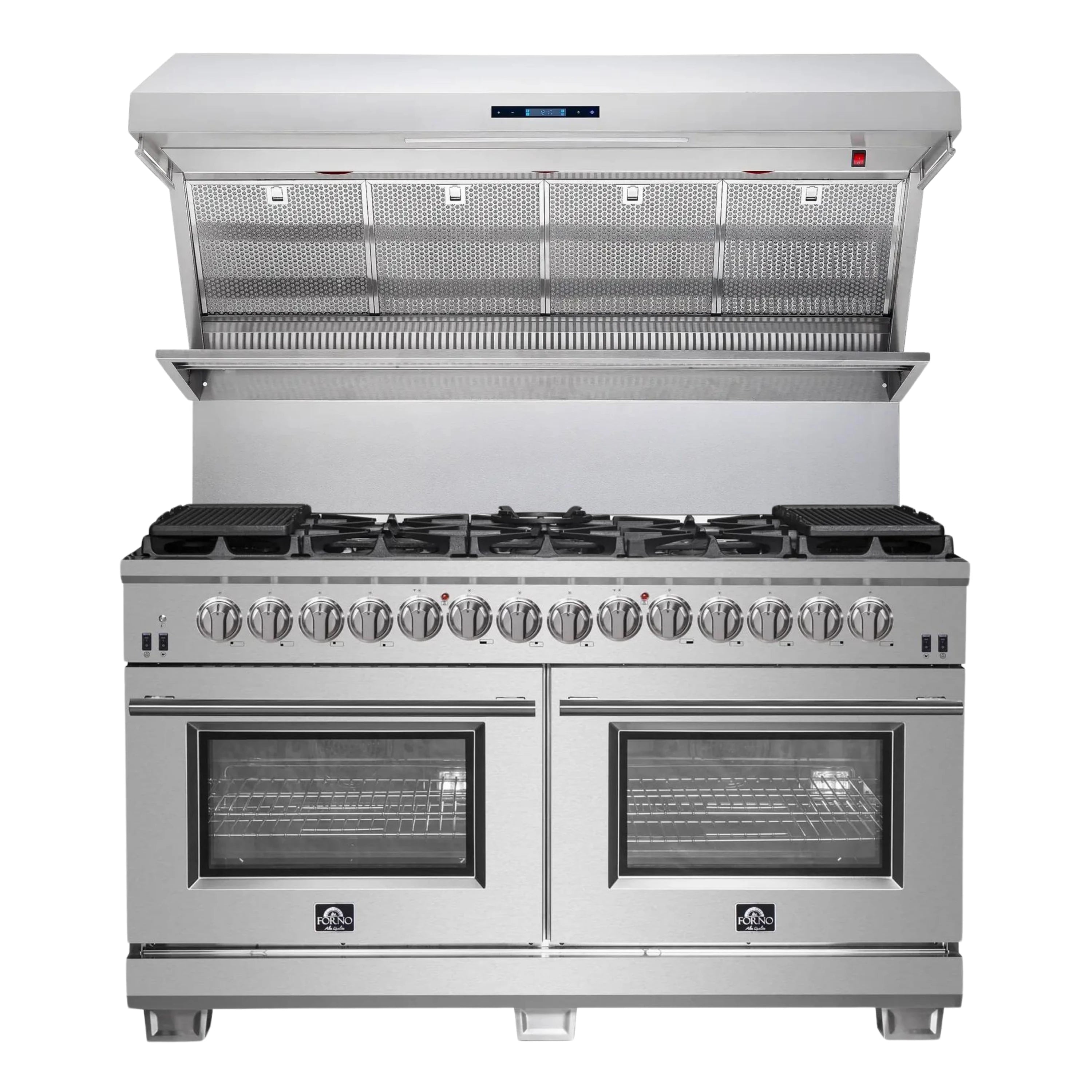 Stainless steel dual fuel range with dual ovens, grates and burner controls