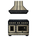 Forno 2-Piece Appliance Package - 48-Inch Ambassador Dual Fuel Range & Wall Mount Range Hood in Black with Antique Brass Trim