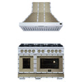 Forno 2-Piece Appliance Package - 48-Inch Ambassador Dual Fuel Range & Wall Mount Range Hood in White with Antique Brass Trim