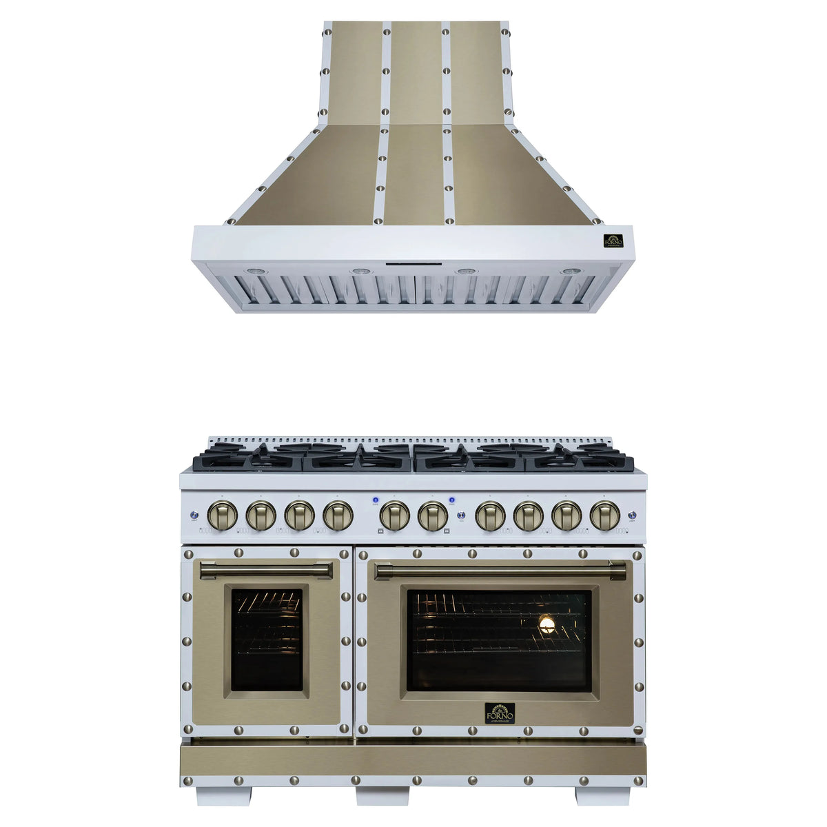 Forno 2-Piece Appliance Package - 48-Inch Dual Fuel Range & Wall Mount Range Hood in White with Antique Brass Trim