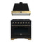 Forno Antico 2-Piece Appliance Package - 36-Inch Gas Range & 36-Inch Wall Mount Range Hood in Black with Antique Brass Trim