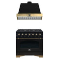 Forno Antico 2-Piece Appliance Package - 36-Inch Gas Range & 36-Inch Wall Mount Range Hood in Black with Antique Brass Trim
