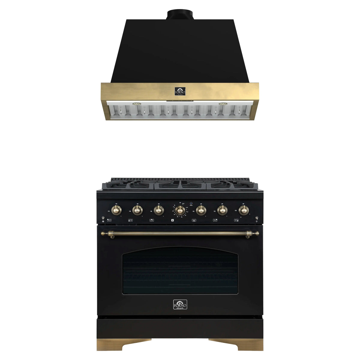Forno Antico 2-Piece Appliance Package - 36-Inch Gas Range & 36-Inch Wall Mount Range Hood in Black with Antique Brass Trim