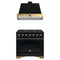 Forno Antico 2-Piece Appliance Package - 36-Inch Gas Range & 36-Inch Wall Mount Range Hood in Black with Antique Brass Trim