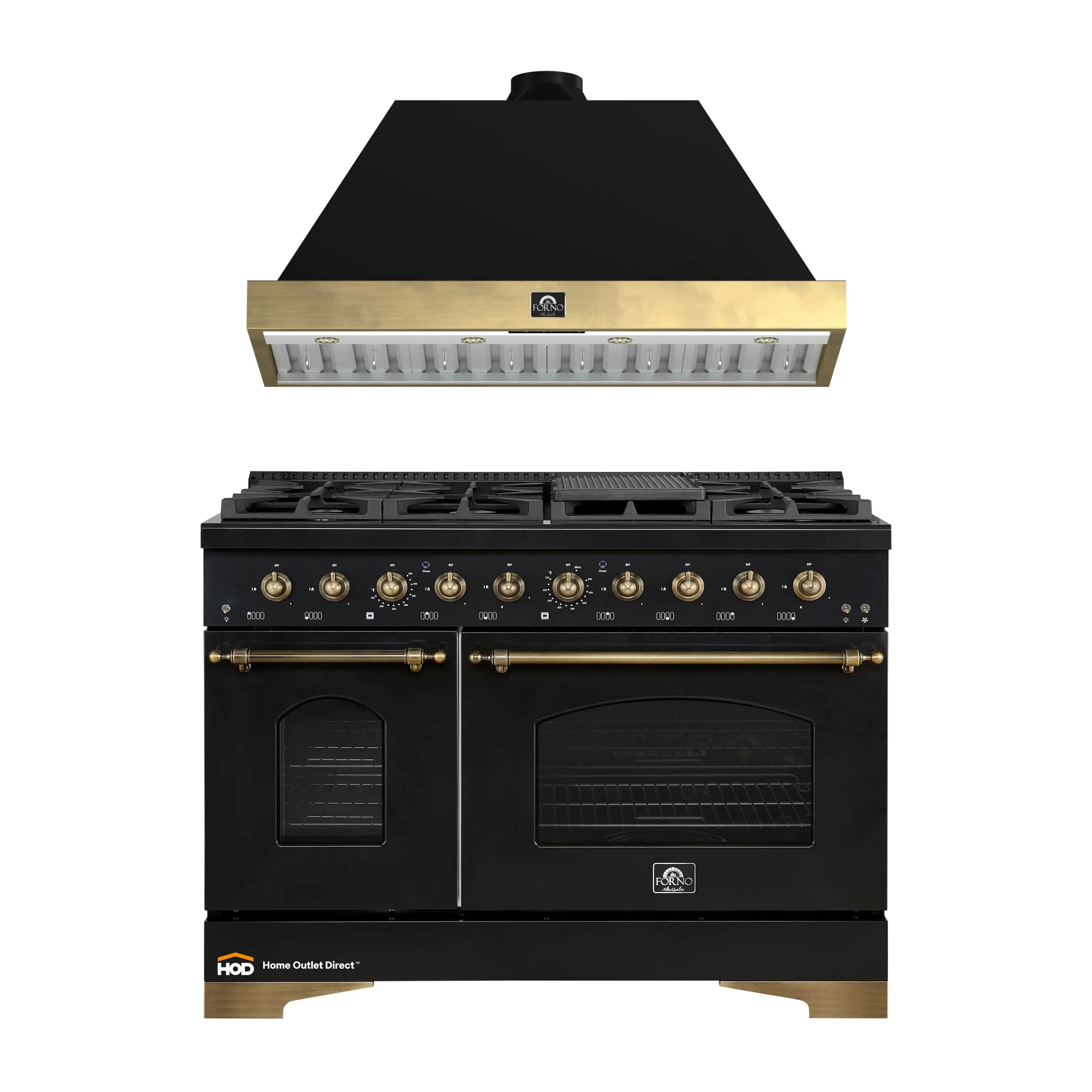 Black gas range with brass control knobs and oven doors, paired with wall hood.