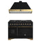 Forno Antico 2-Piece Appliance Package - 48-Inch Gas Range & 48-Inch Wall Mount Range Hood in Black with Antique Brass Trim