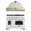 Forno Antico 2-Piece Appliance Package - 48-Inch Gas Range & 48-Inch Wall Mount Range Hood in White with Antique Brass Trim