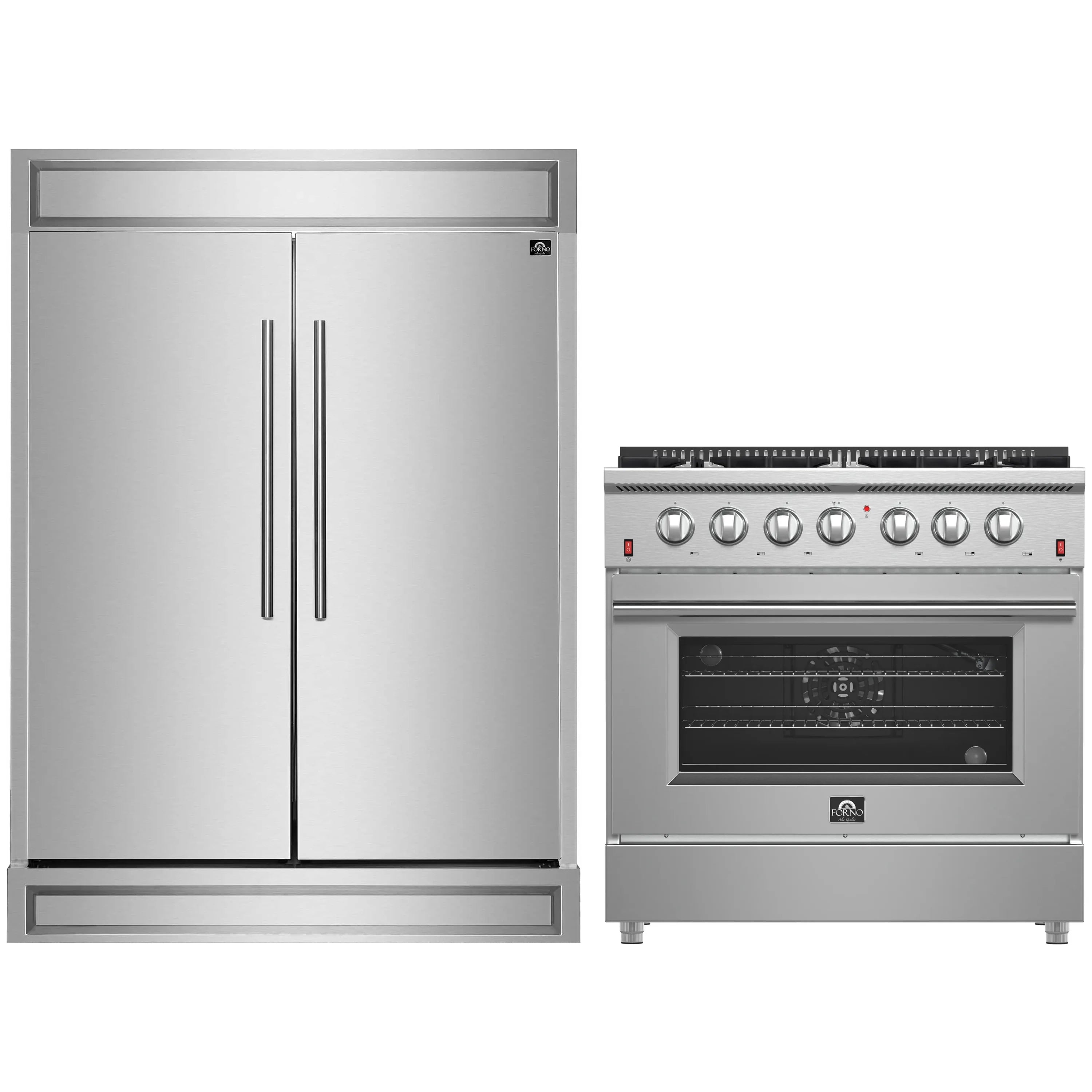 Stainless steel refrigerator and pro-style gas range appliance package side by side