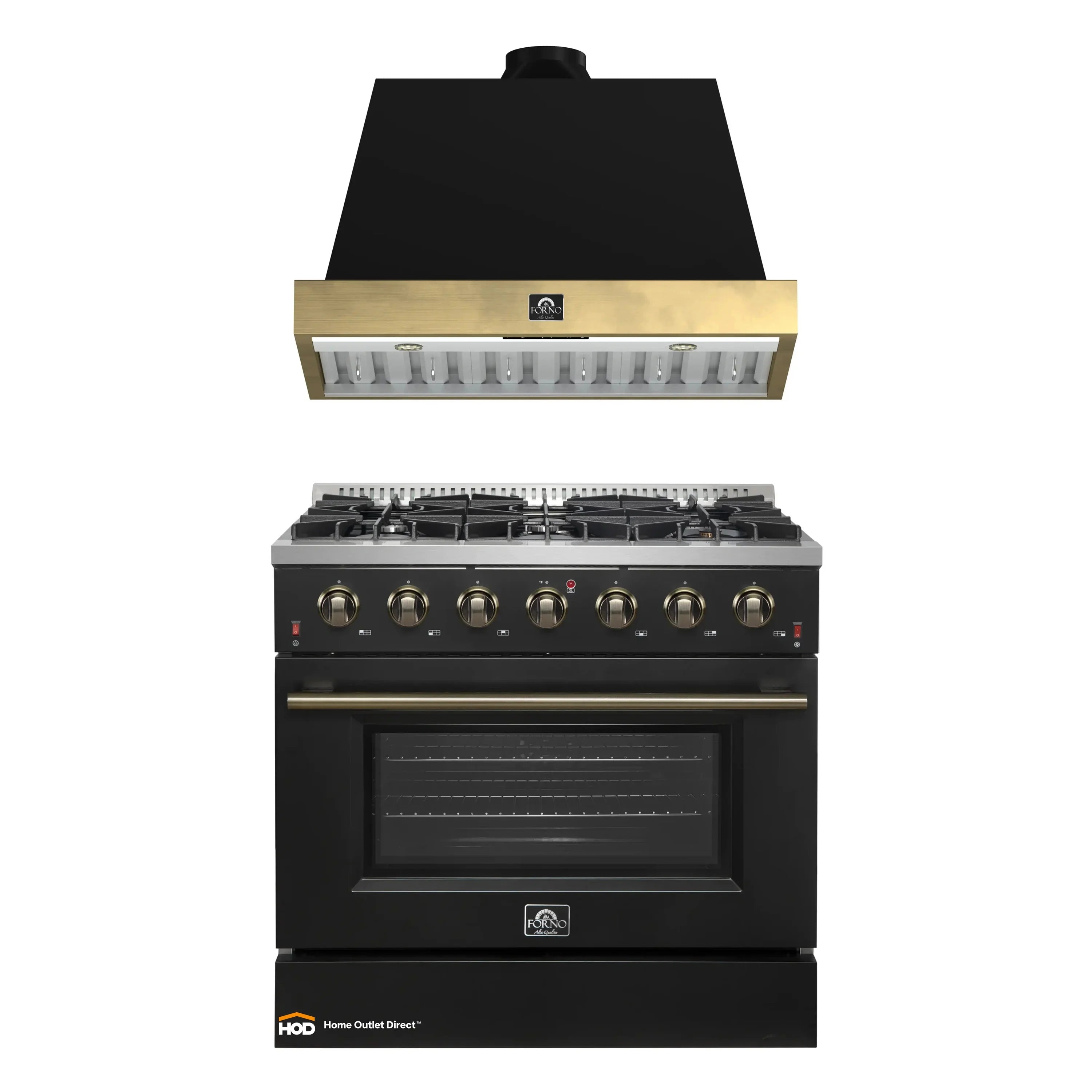 Black gas range with brass-trimmed range hood and control knobs