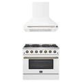 Forno Galiano 2-Piece Appliance Package - 36-Inch Gas Range & 36-Inch Wall Mount Range Hood in White with Antique Brass Trim
