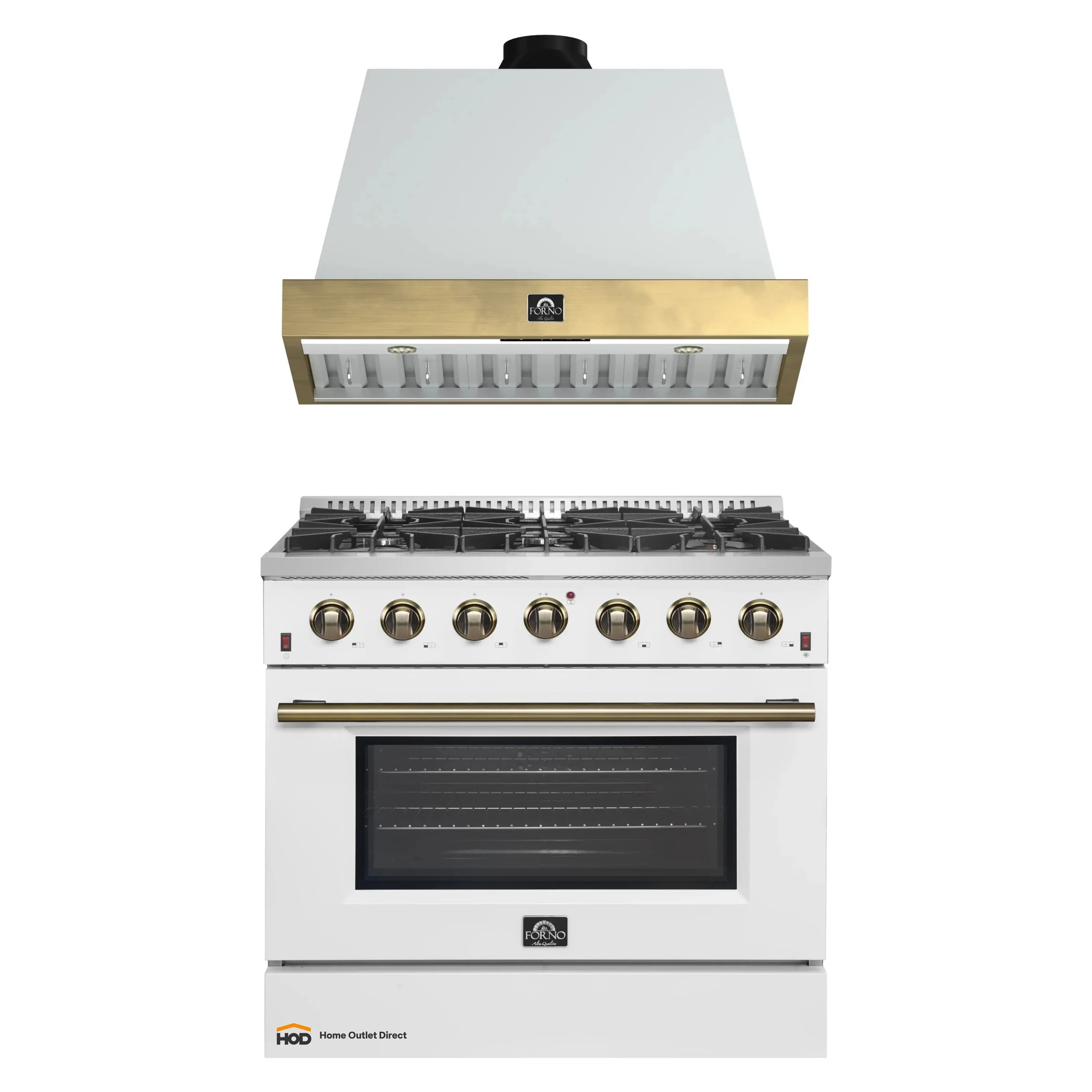 White gas range with control knobs and matching wall hood in antique brass trim