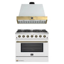 Forno Galiano 2-Piece Appliance Package - 36-Inch Gas Range & 36-Inch Wall Mount Range Hood in White with Antique Brass Trim